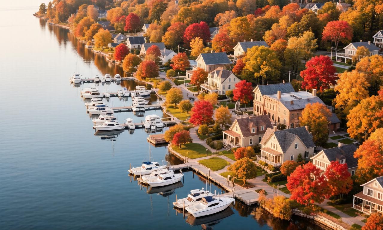 Aerial view of a Northern Michigan lakeside town in autumn, a marina full of boats along the shore
